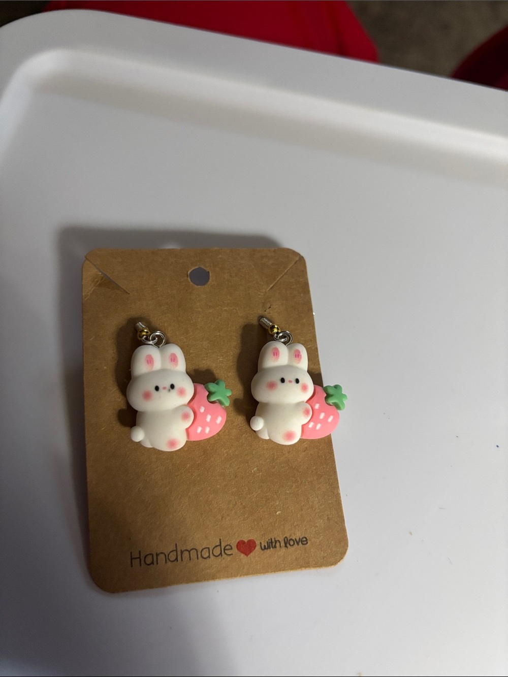 Cute Bunny and Strawberry Dangle Earrings - White & Pink